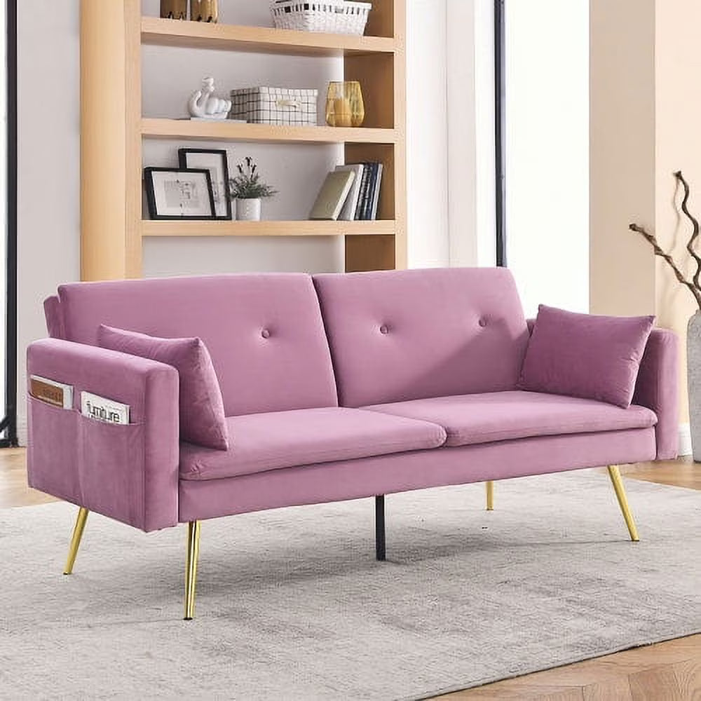Convertible Velvet Sofa Bed with Two Pillows and Center Leg K5667
