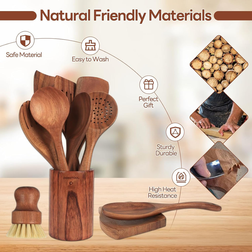 10 piece Natural Teak Wooden Utensil Set J962401