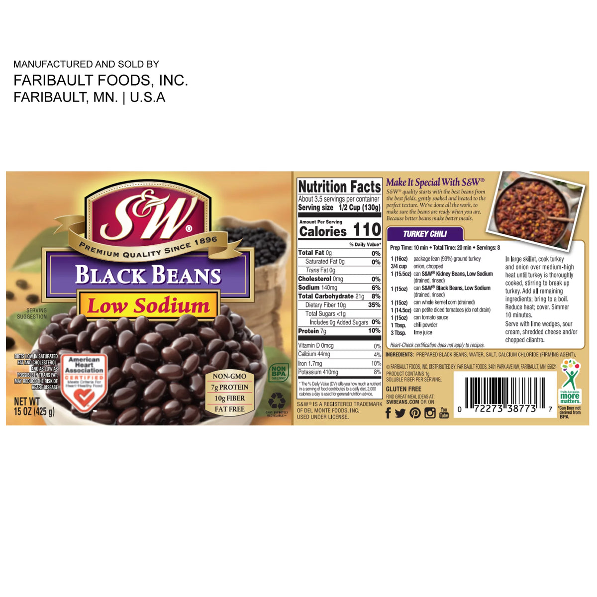 12 Pack Low Sodium Canned Black Beans, 15 Ounce Can J4149