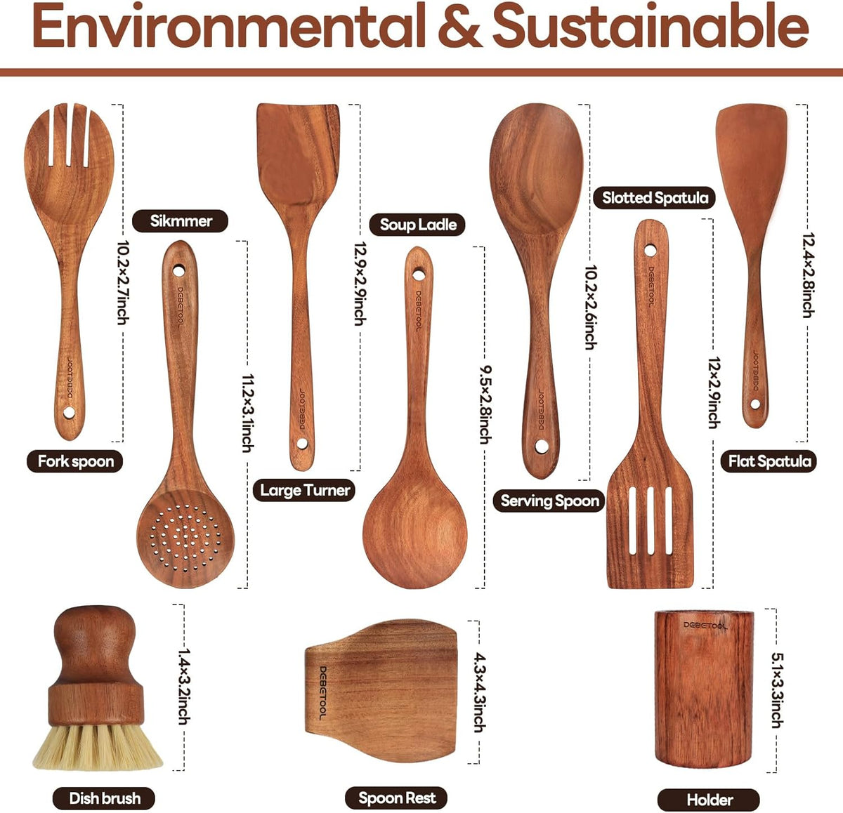 10 piece Natural Teak Wooden Utensil Set J962401