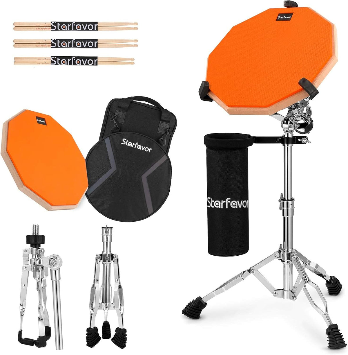 12-Inch Double Sided Silent Drum Practice Pad with Snare Drum Stand, Drum Sticks, Carrying Bag, Orange L471