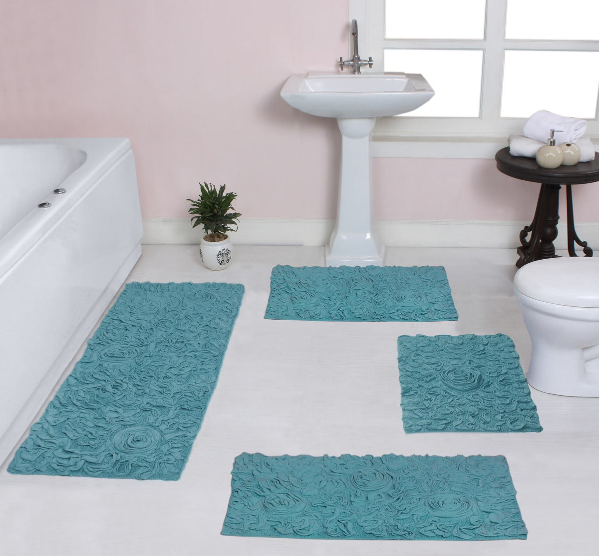 100% Cotton Tufted Bath Rugs, 4 Piece Set with Runner, Blue L8785