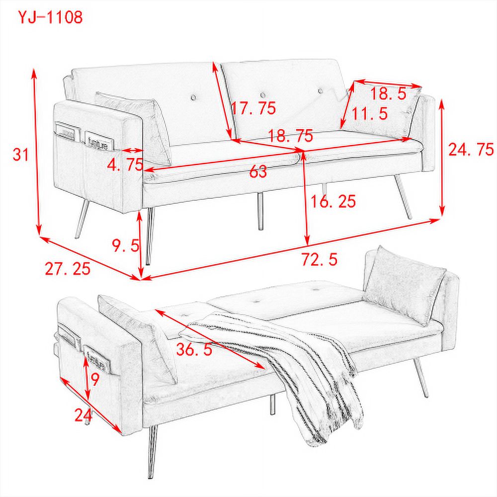 Convertible Velvet Sofa Bed with Two Pillows and Center Leg K5667