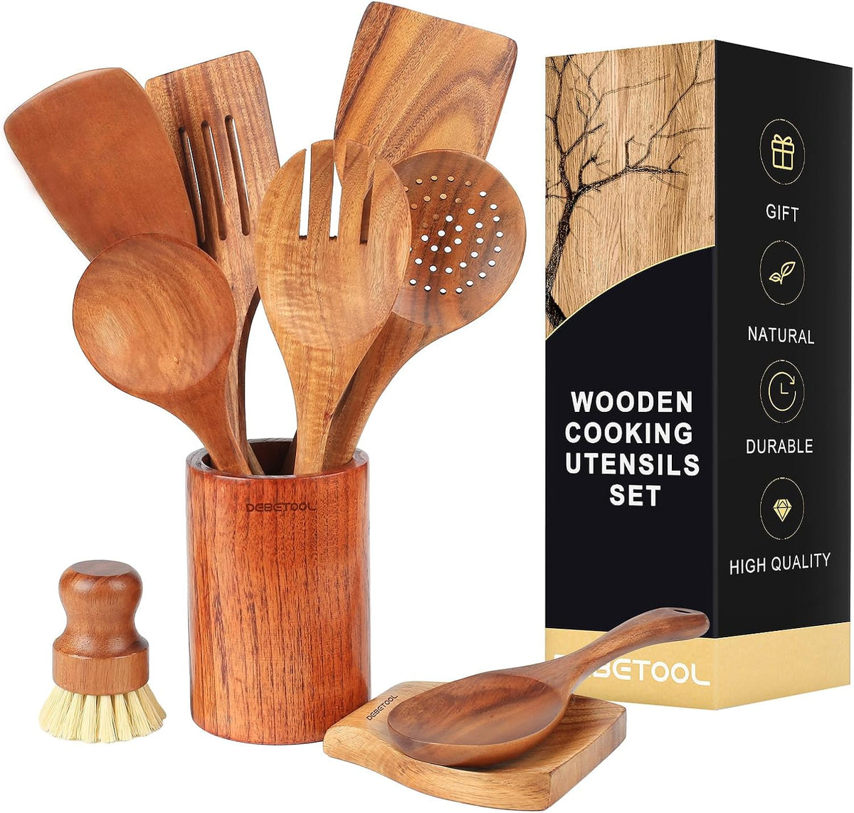 10 piece Natural Teak Wooden Utensil Set J962401