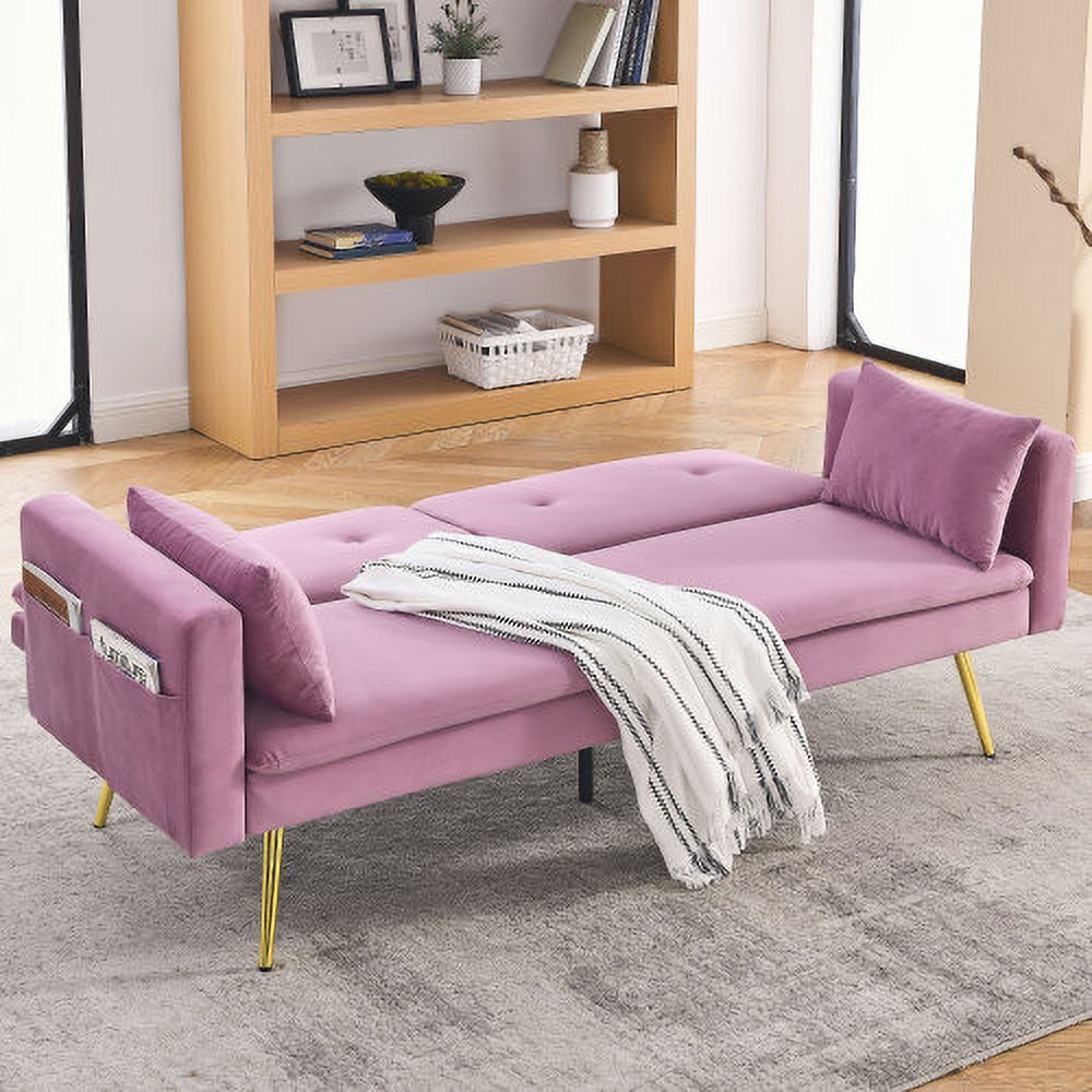 Convertible Velvet Sofa Bed with Two Pillows and Center Leg K5667