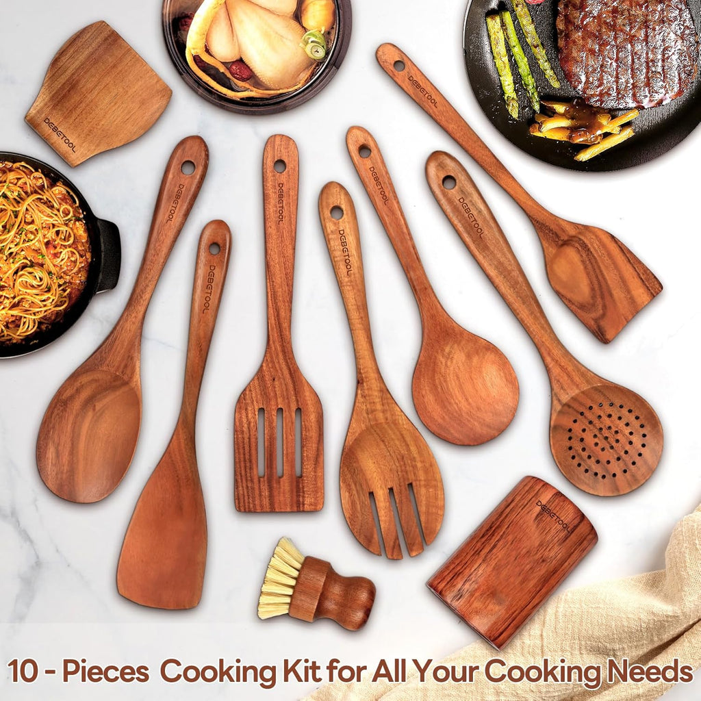 10 piece Natural Teak Wooden Utensil Set J962401