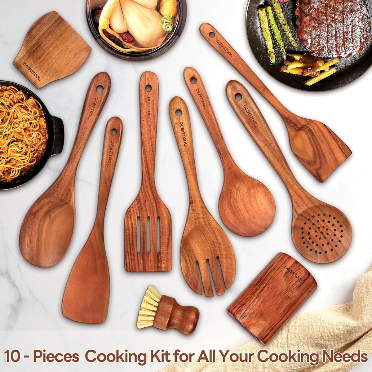 10 piece Natural Teak Wooden Utensil Set J962401