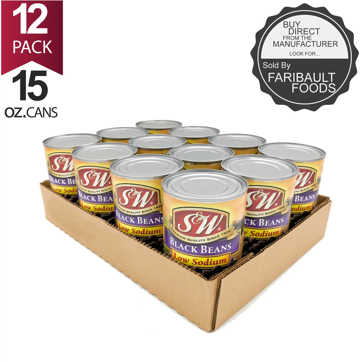 12 Pack Low Sodium Canned Black Beans, 15 Ounce Can J4149