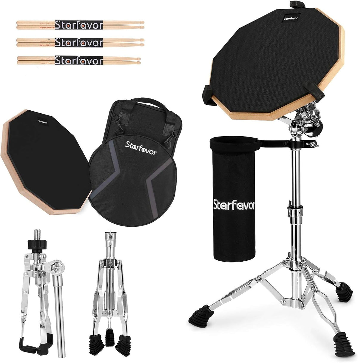 12-Inch Double Sided Silent Drum Practice Pad with Snare Drum Stand, Drum Sticks, Carrying Bag, Orange L471