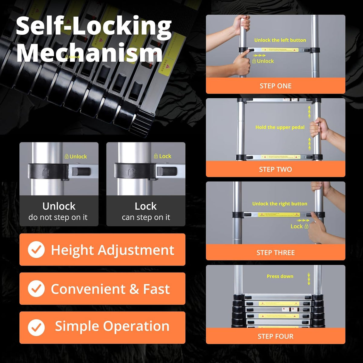 12.5FT Aluminum Telescoping Extension Ladder with Hooks & Stabilizers U955657