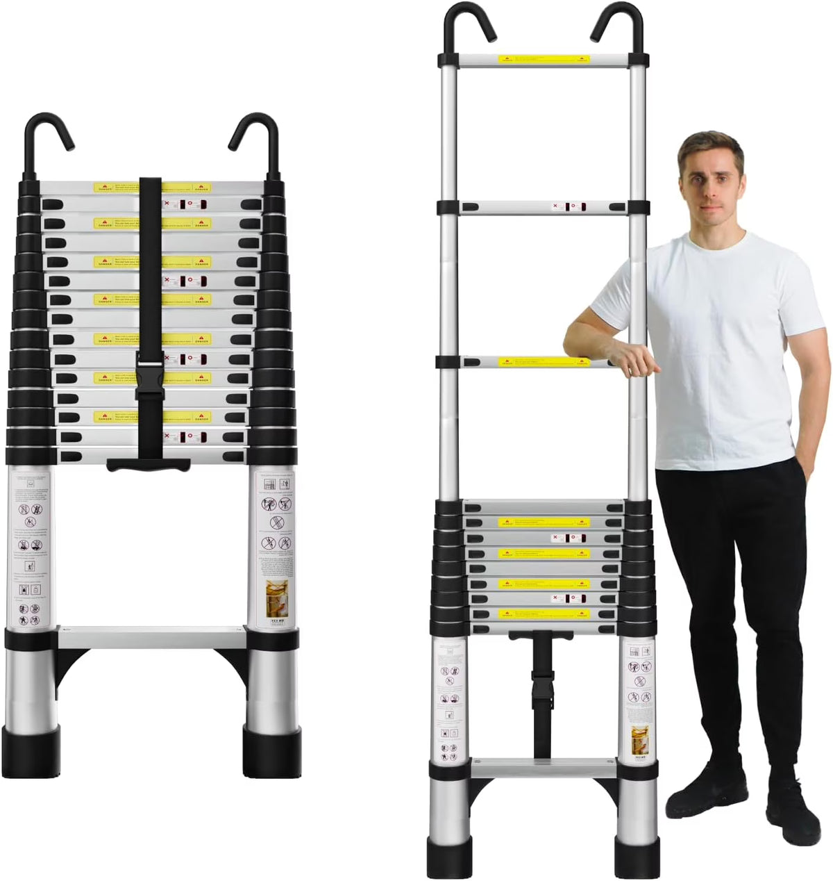 12.5FT Aluminum Telescoping Extension Ladder with Hooks & Stabilizers U955657