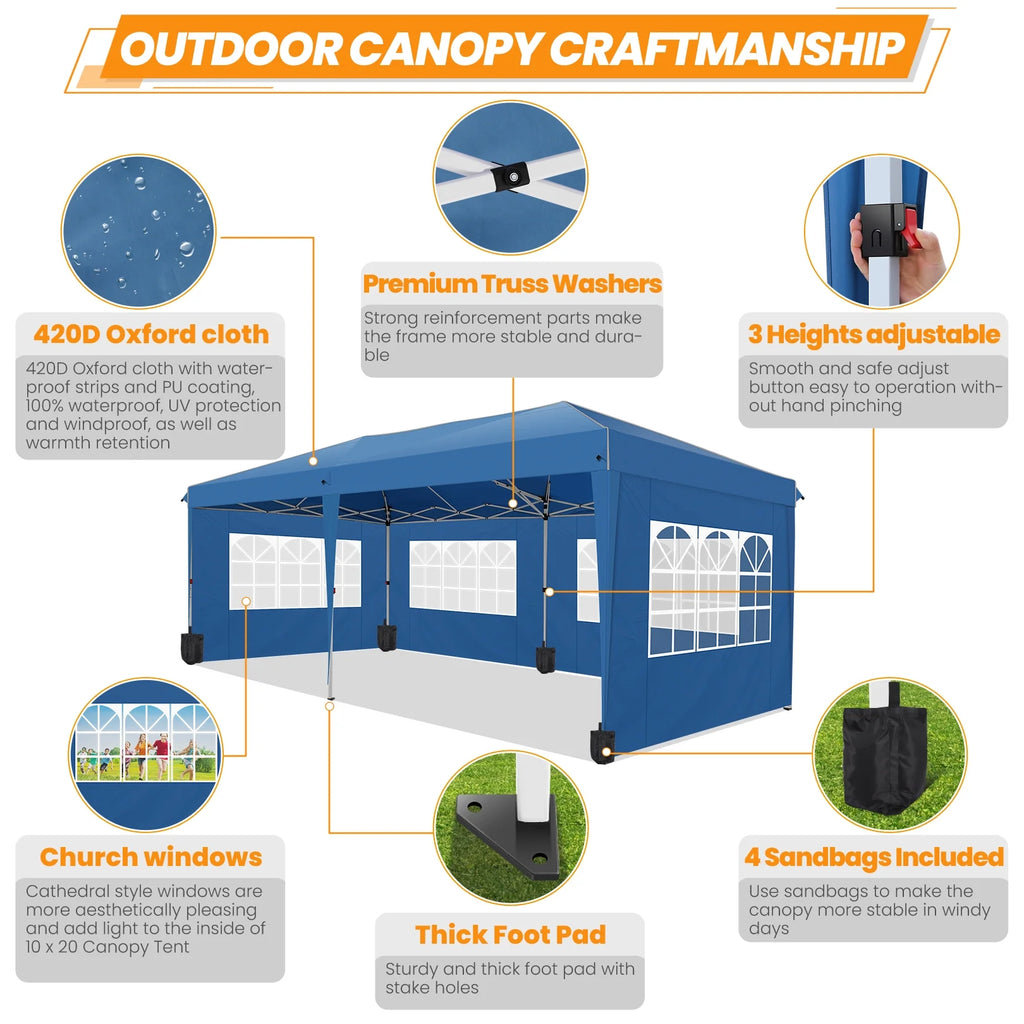 10'x20' Waterproof Commercial Pop up Canopy Tent with 4 Sandbags Q665