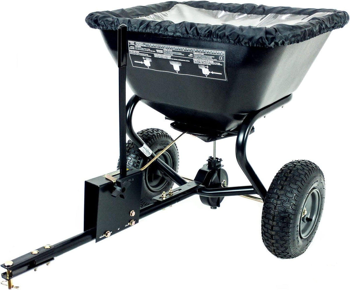 125 lb. Tow Behind Broadcast Spreader with Weatherproof Cover and Universal Hitch F6194