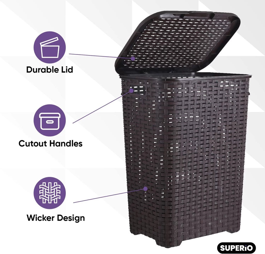 60L Wicker Plastic Laundry Hamper with Lid 3 Pack X669235