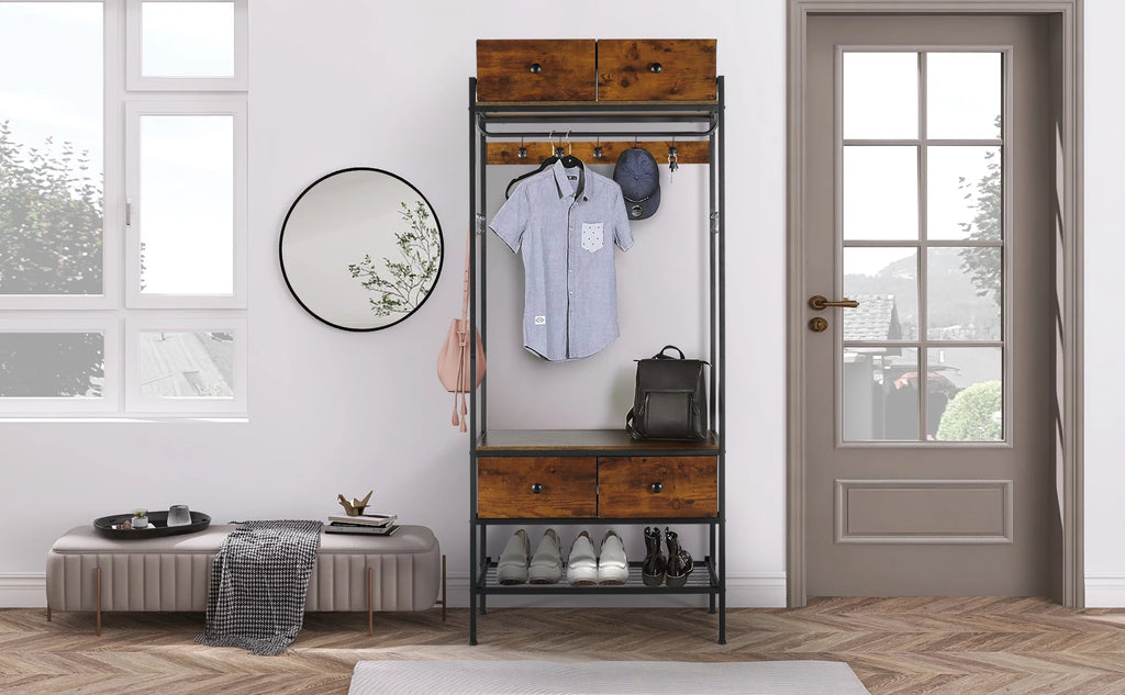Free Standing Clothes Rack with Shelves Drawers and Hooks N72689